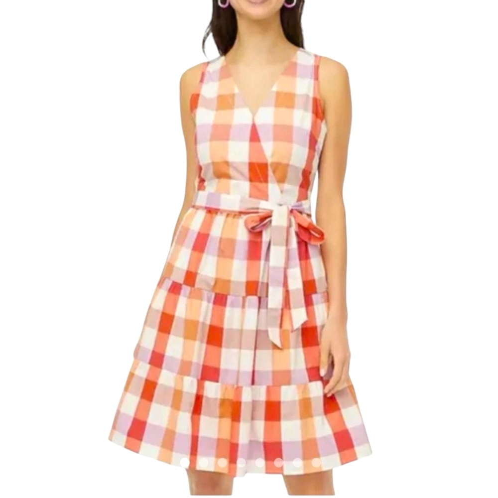J. Crew Pink and Orange Checkered Midi Dress